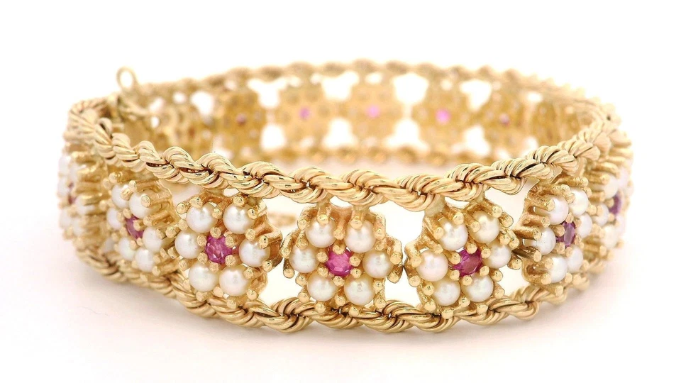 Vintage Solid Yellow Gold Pearl Ruby Cluster Floral Braided Rope Chain Bracelet - Image 2 of 4