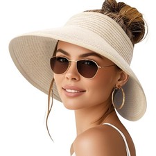 Sun Visor Hats for Women Wide Brim Ponytail Straw Beach Hat Packable Foldable...