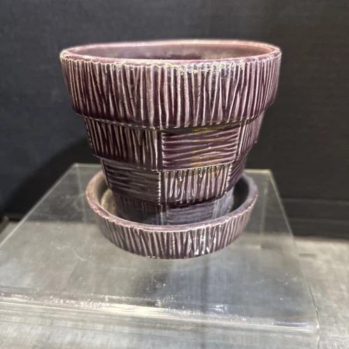 Vintage McCoy USA Pottery 5” Basket Weave Flower Pot Planter /Saucer Rare Color