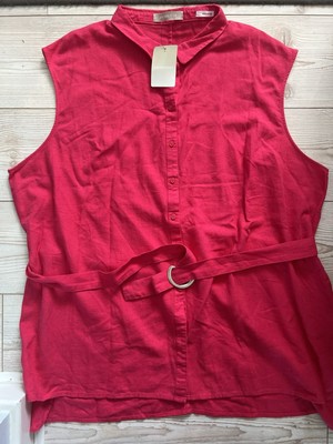 Neu mit Etikett Anthology ärmellose Damen UK28 Bluse Tunika Gürtel Leinen Knopfleiste rot/pink