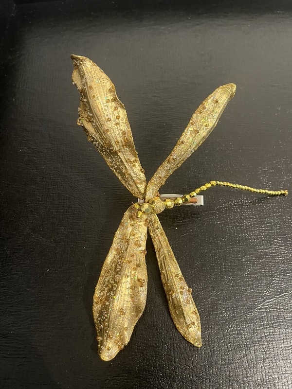 Clip-On Gold Dragonfly  Ornament W/ Sequins, Colorful & Whimsical Decor