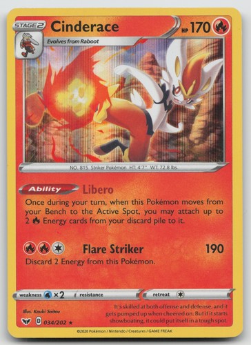Cinderace (034) 034/202 SWSH01: Sword & Shield Base Holo Rare Pokemon TCG Card