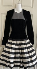 Vintage Escada Couture Black Velvet Striped Gown Dress Tule Mesh Silk Size 36