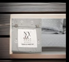 Twin XL Sheet Set Gray Nautical Boat Anchors Dorm Sailing Bedding NY C
