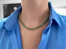 24Ct Princess Lab Created Green Emerald Tennis Necklace 14K Yell Gold Plated 18"