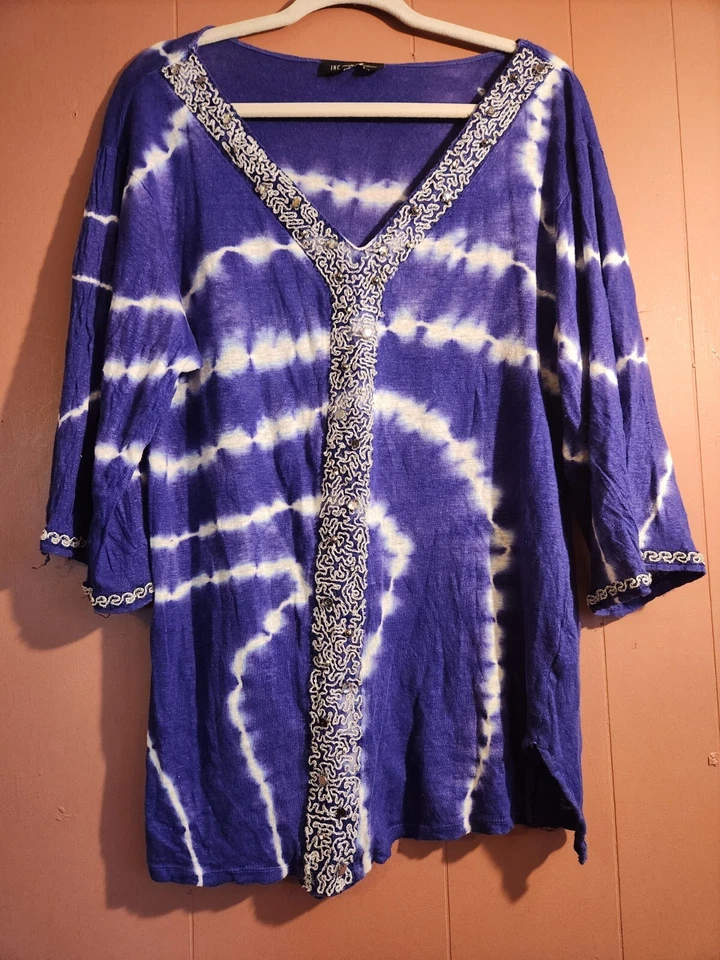 Vestido INC Tie Dye Púrpura Lino Tejido Túnica Pullover Talla M Cubrir Cuentas Foto 2 de 4