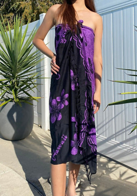 Hawaii Sarong Purple Black Plumeria Hawaiian Luau Pareo Cruise Beach Pool Dress 