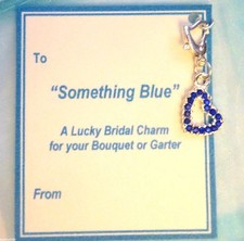 Something Blue Crystal Heart Clip-on Lucky Bridal Charm Garter Bouquet +Gift Tag