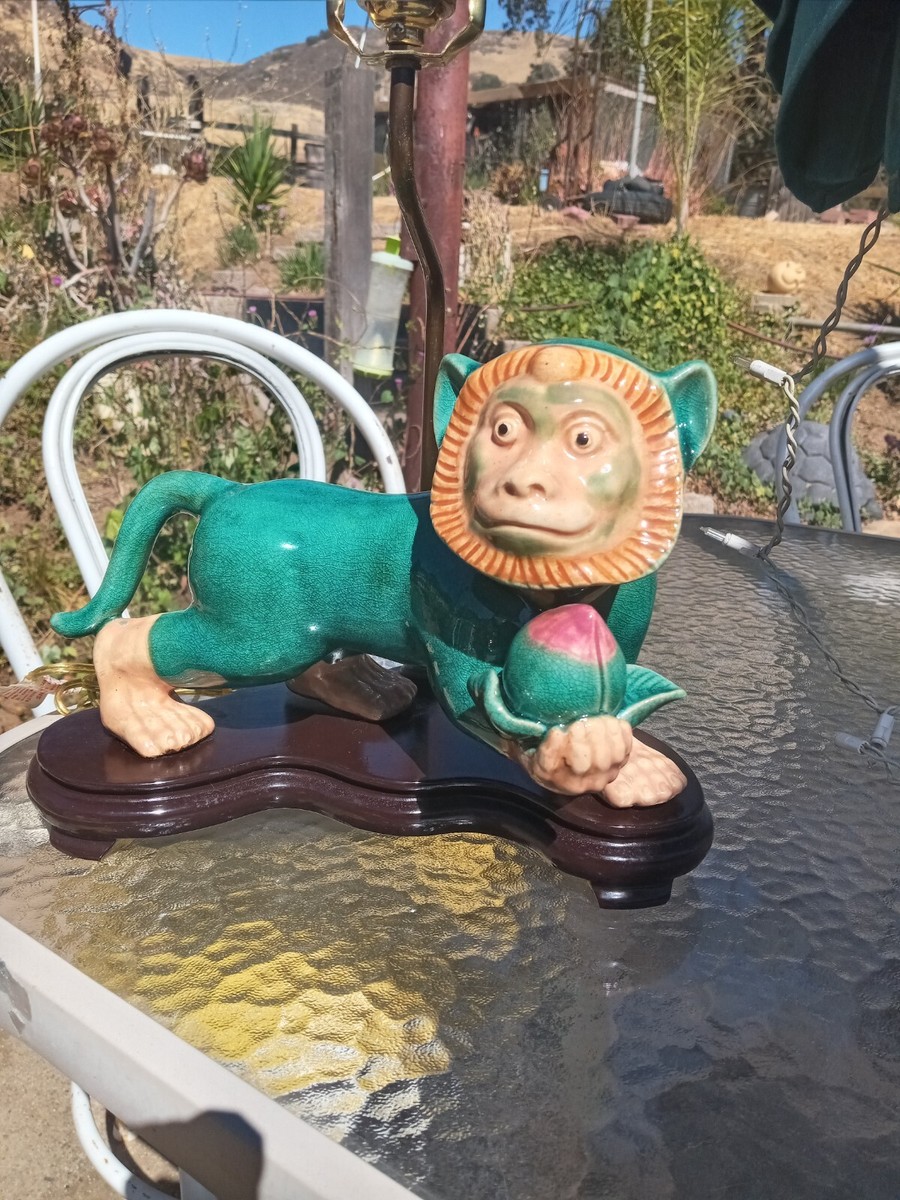 Amazing Chinoiserie Ceramic Monkey Lamp, mid 20th century, green 