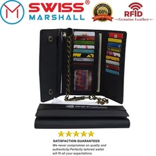 Genuine Cowhide Leather Trifold Long Chain Motorcycle Biker Trucker Wallet RFID