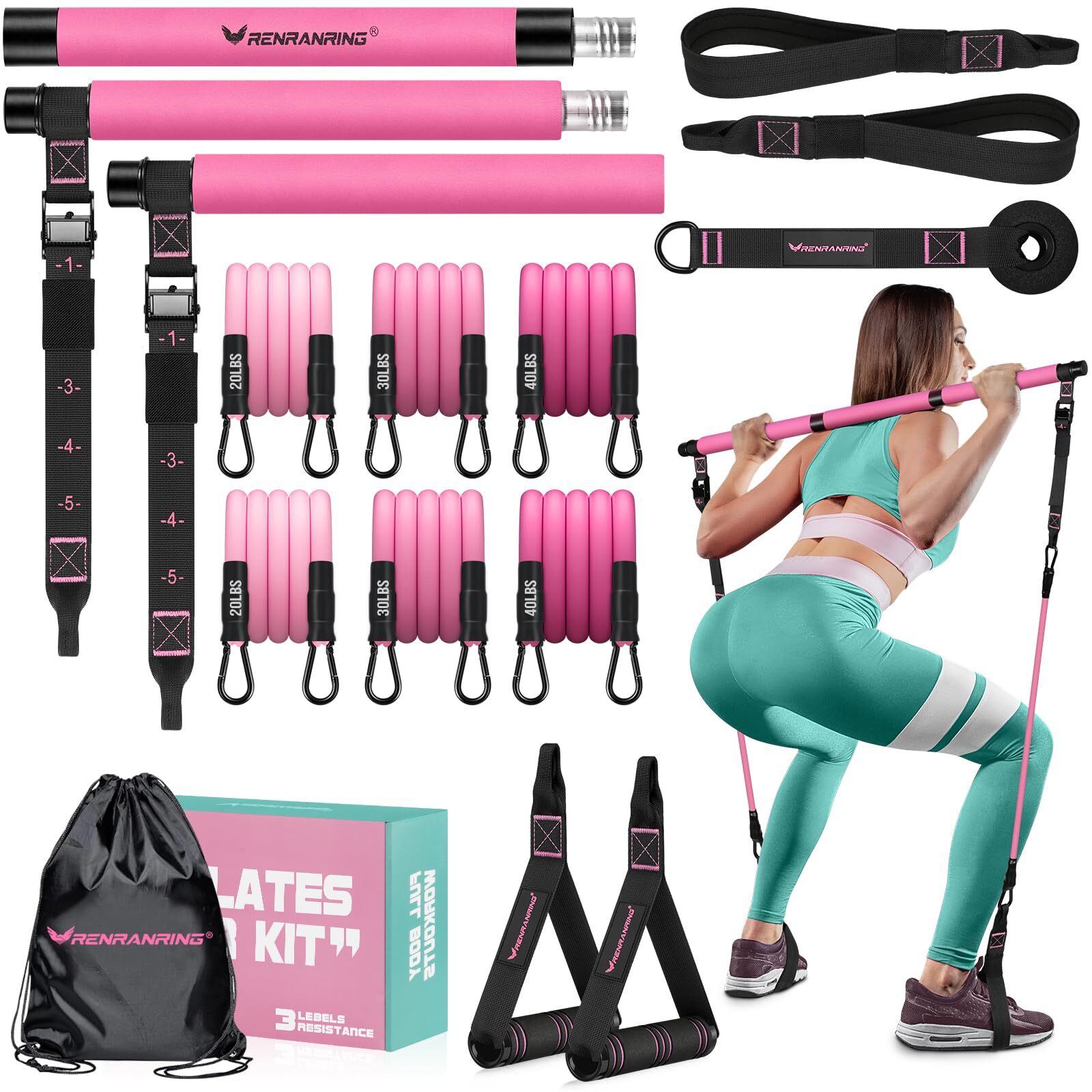 Pilates Bar Kit with Resistance Bands Multifunctional Pilates Bar for Women &...