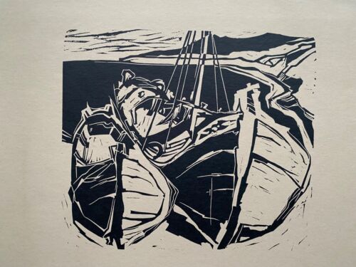 Otto Schlosser  unsignierter Linolschnitt "Fischerboote am Mittelmeer", 1977 - Bild 1 von 1