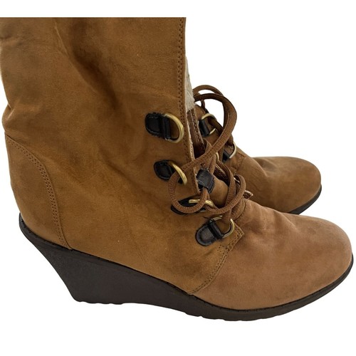 Route 66 Suede Boots Womens 9.5 Brown Ankle High Heels Lambs Wool Look Ladies - Picture 2 of 12