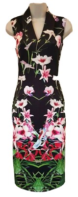 Ted Baker Floral Tropics Bodycon Kleid V-Ausschnitt ärmellos gefüttert Gr. 1 UK 8 NEU