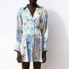 ZARA Women’s Shirt Dress Medium Blue Yellow Floral Tile Print Long Sleeve Mini