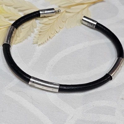 Bracelet Homme Cuir Noir Argent Fermoir Pression. Longueur 22,5 Cm - Photo 1/4