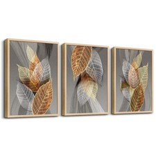 Natural Framed Canvas Wall Art - 3 Piece Abstract Leaves Prints for Living Ro...