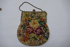 Antique French Petit Point tapestry handbag purse rose floral motif 6 inch wide