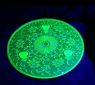 Vintage Depression Uranium Glass 3 Legged Cake Plate Flower Design