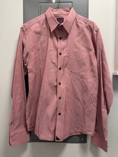 Untuckit Mens M Medium Solid Red Shirt Gray Buttons Long Sleeve Cotton Navy Trim