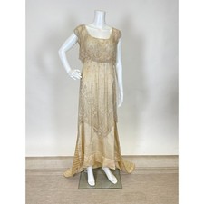 Antique 1910s Regency Wedding Gown Silk Beaded Faux Pearl Net Dress with Train