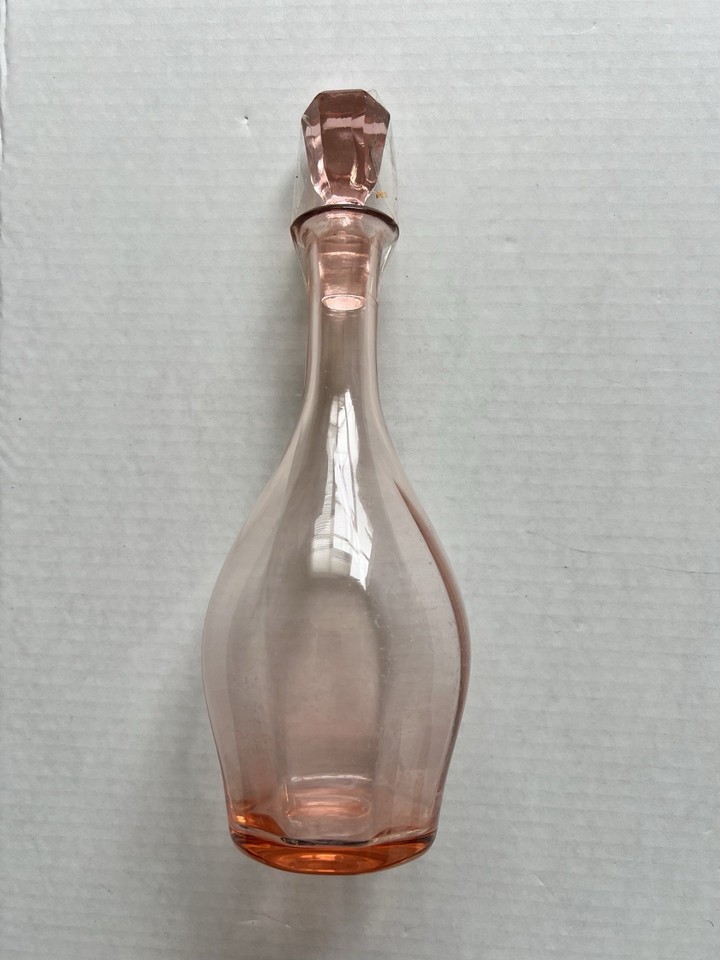 Vintage Pink Depression Glass Decanter Art Deco Barware Hexagon Stop