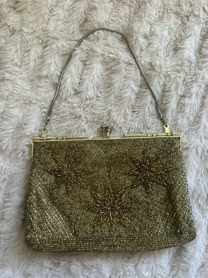 Vintage Flapper MCM Stil Gold Perlen Party Handtasche Kristall Kussverschluss Satin Korea - Bild 1 von 4