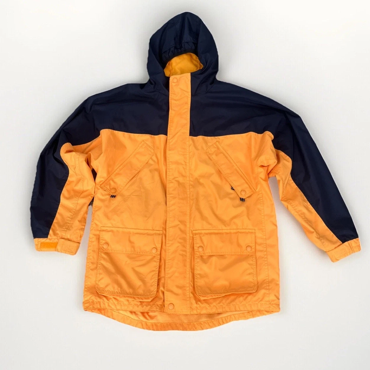 Vintage Lands’ End Men’s Hooded Jacket L (14-16) Orange Navy Retro Outdoor Coat