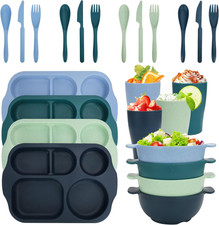 24pc Kids Wheat Straw Dinnerware Set Divided Plates Bowls Cups Cutlery