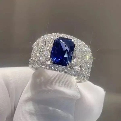 Women Anniversary Ring 3 CT Emerald Cut Simulated Sapphire 14K White Gold Plated