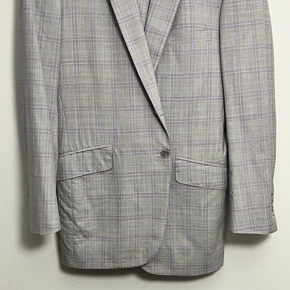 Traje de hombre talla 42R pantalones 34Wx32L Tom James a medida púrpura gris a cuadros 2 piezas Foto 4 de 4