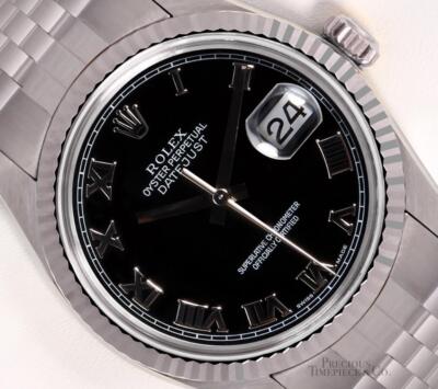 Rolex Men Datejust Stainless Steel 18k Fluted Bezel-Black Roman Dial 36mm Watch