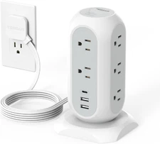Tower Power Strip Flat Plug with 11 Outlets 3 USB (1 USB C), TESSAN Surge Protec