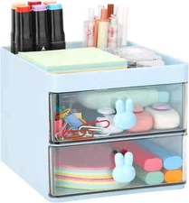 LETURE Small Desk Organizer With Drawer, Office Desktop Storage Box, Blue