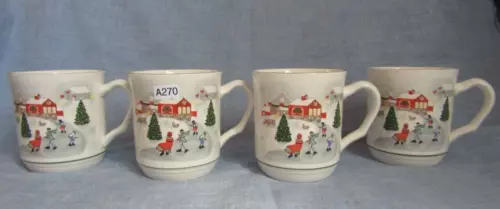 4 Sango Silent Night Mugs Cups Ice Skating Christmas Holiday Winter