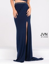 JVN by JOVANI Navy Beaded Waist High-Slit Prom Pageant Maxi Skirt w/ Train 0/2