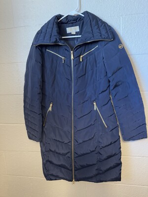 Michael Kors Navy Blue Long Puffer Jacket with gold zippers Womens