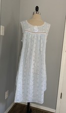 Vintage 80s Victorian Cotton Night Gown Lounge Dress Blue Roses Lace Cottage Lg