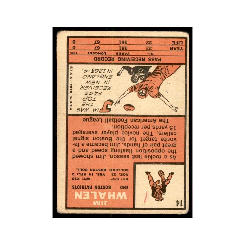 1966 Topps Jim Whalen Boston Patriots #14 - Image 2 of 3