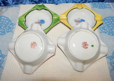 VTG. PORCELAIN ASHTRAY SET (4) MIJ HANDPAINTED 1950's M IN CIRCLE ORIENT ANTIQUE