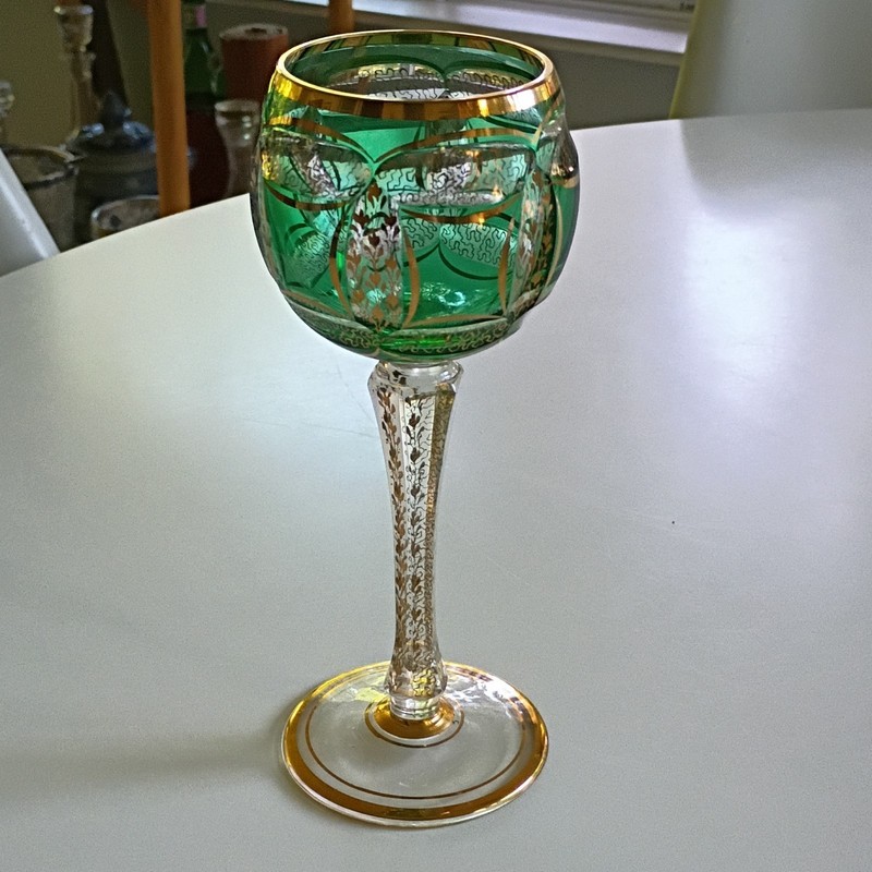Green & Gold Floral Painted Stemmed Wine Glass 7 in Tall 3 in Dia Single