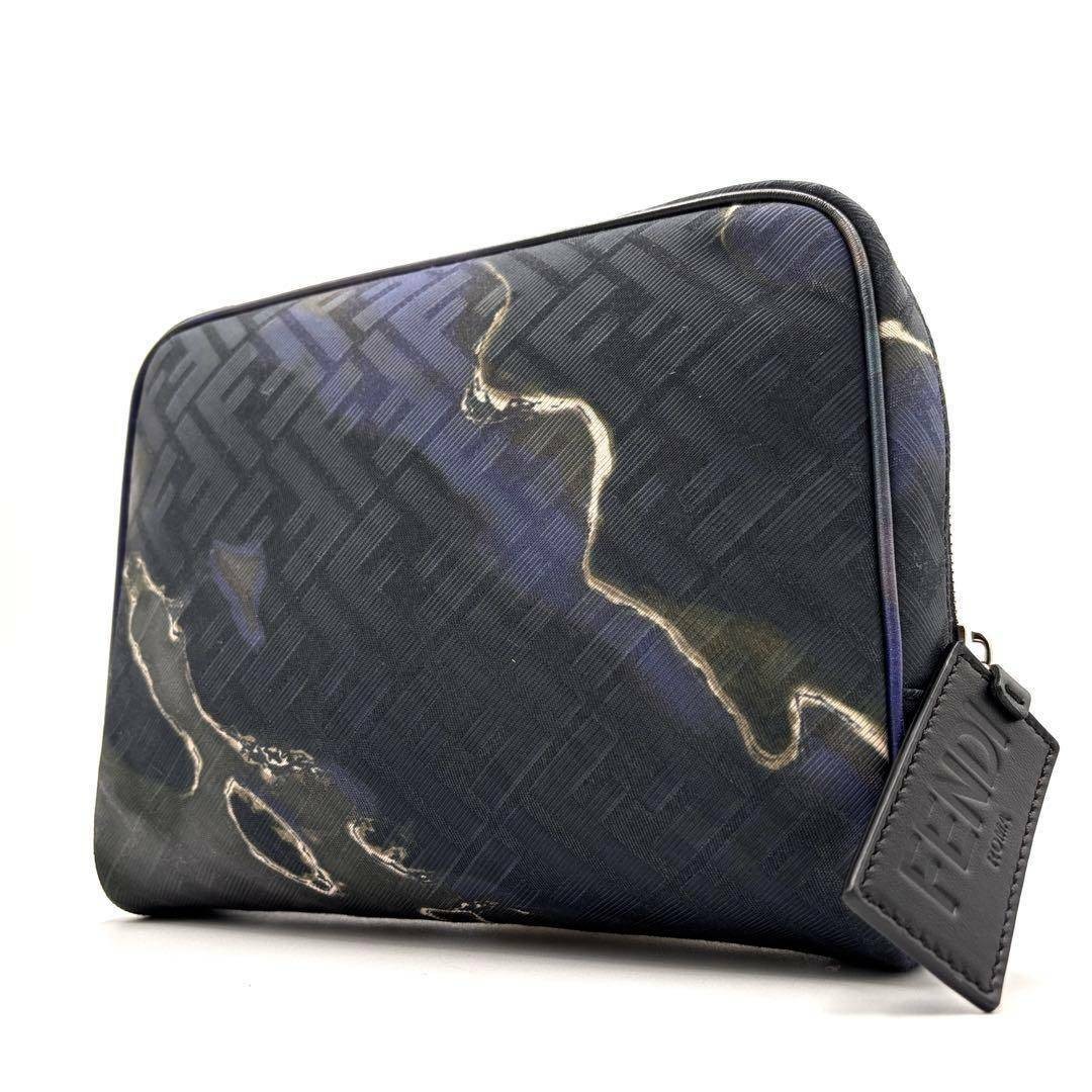 RARE FENDI Zucca Gradient Logo Zip Clutch Bag FF Blue for Men