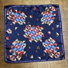 Vintage Silk Pocket Square Scarf Navy Blue Geometric Print 13 Inch