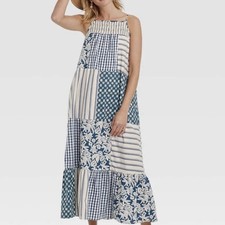Universal Thread Patchwork Maxi Dress Womens M Blue Smocked Sundress Ruffle Boho