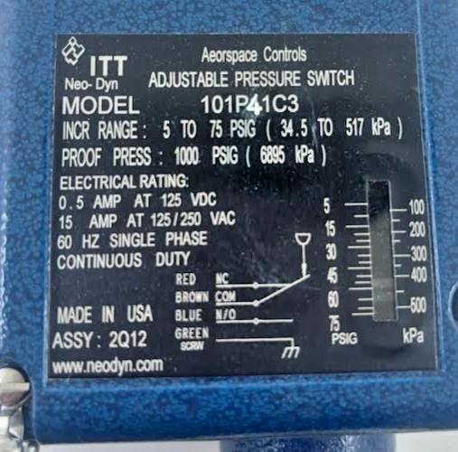 Interruptor de presión ajustable ITT Neo-Dyn 101P41C3 5-75 PSIG - Control industrial Foto 2 de 4