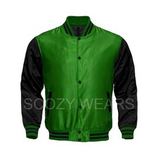 Men's Varsity Baseball Jacket Letterman Bomber Style Black Sleeves Satin Jacket