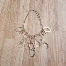 Gold Tone Oval Dangle Chunky Bib Fringe Statement Necklace Layered Collar