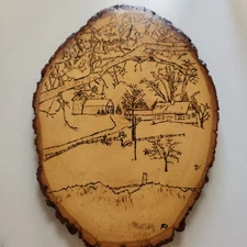 Vtg Wood Burning on Wood Slab Plaque Rustic Country Homestead 13"x9" Signed 