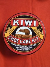 Vintage Kiwi Shoe Care Tin Kit 7" Round Polish Shine Brushes Daubers, Rare..