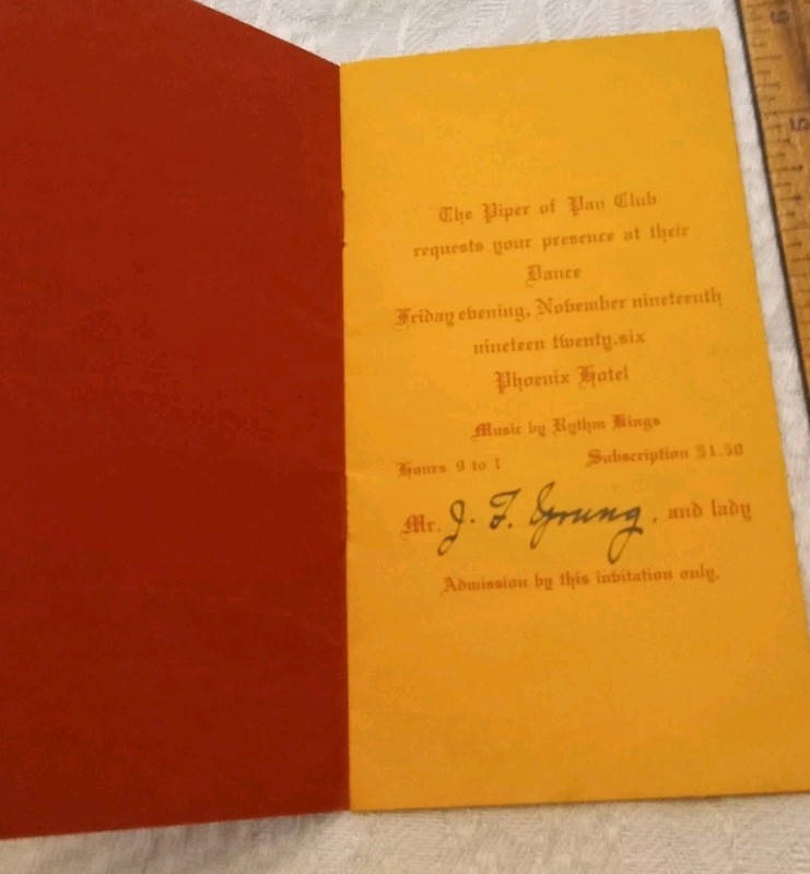 Piper Of Pan Club Invite - 11/19/1926 Phoenix Hotel, Lexington, KY  J.T. Young
